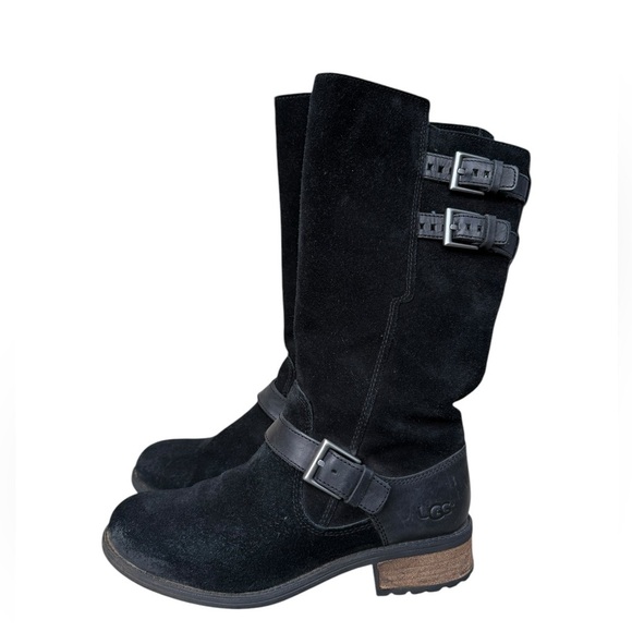 UGG Womens Black Suede Leather EVERGLAYDE Biker Buckle Zip Boots Sz 8 - Picture 3 of 15